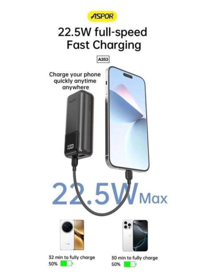 Aspor A353 Mini 10,000mAh Power Bank – 22.5W PD Fast Charging with Digital Display - Image 2